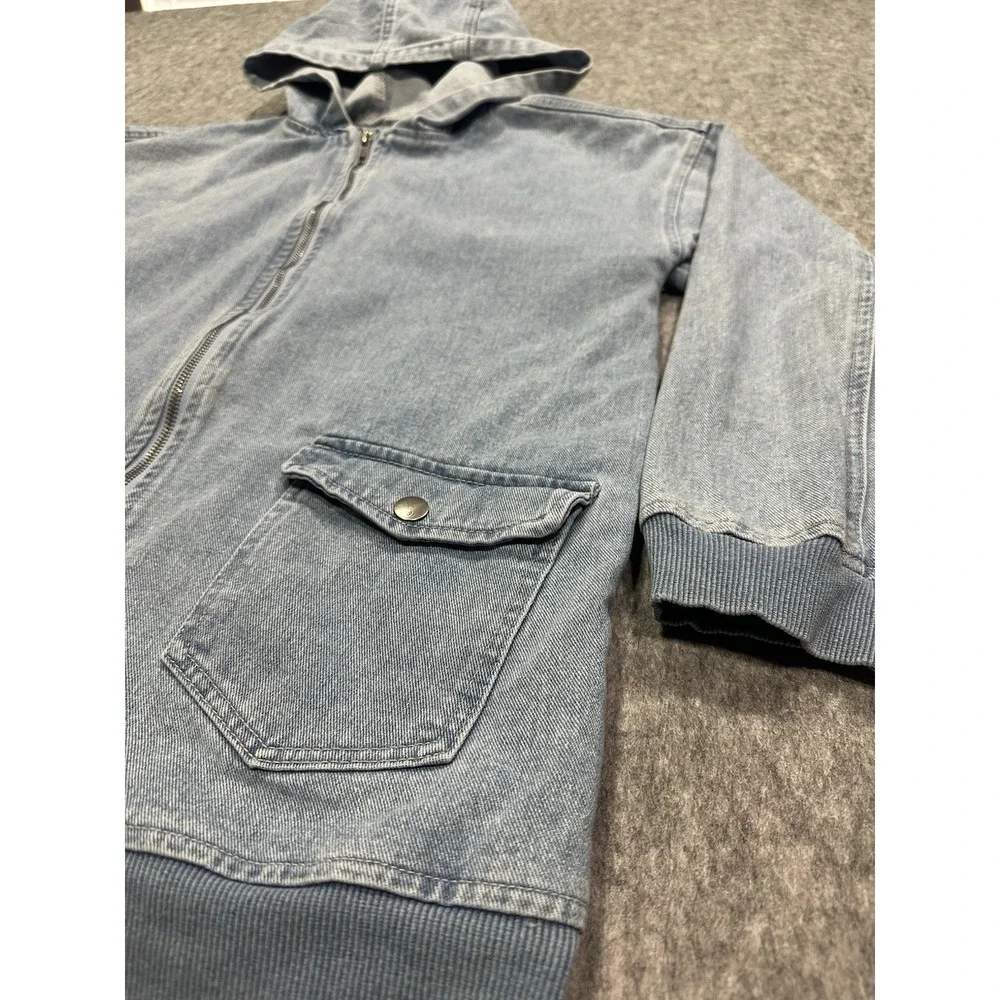 91 Cotton On Denim Blue Light Wash Hooded Full Zip Jean Jacket - Size 8 - Picture 3 of 11